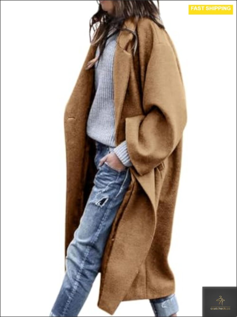 Women's Notch Lapel Peacoat Wool Blend Coat with Pockets Khaki